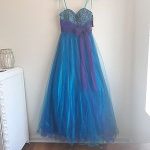 Faviana blue purple strapless sweetheart bow belt tulle embroidered prom dress